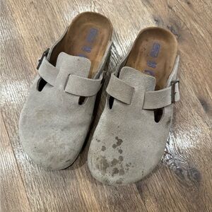 Birkenstock Taupe Suede Buckle Clogs